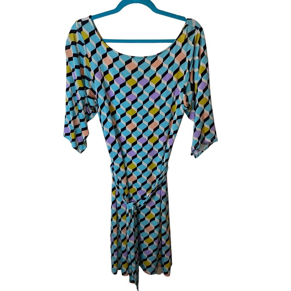 Leota Birds & Bees‎ Geometric Print Stretch Dress Medium Tie Front